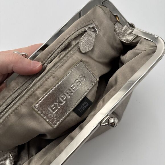 Express Silver Leather Clutch Sparkle Bag Evening Clasp Pouch - Picture 7 of 8